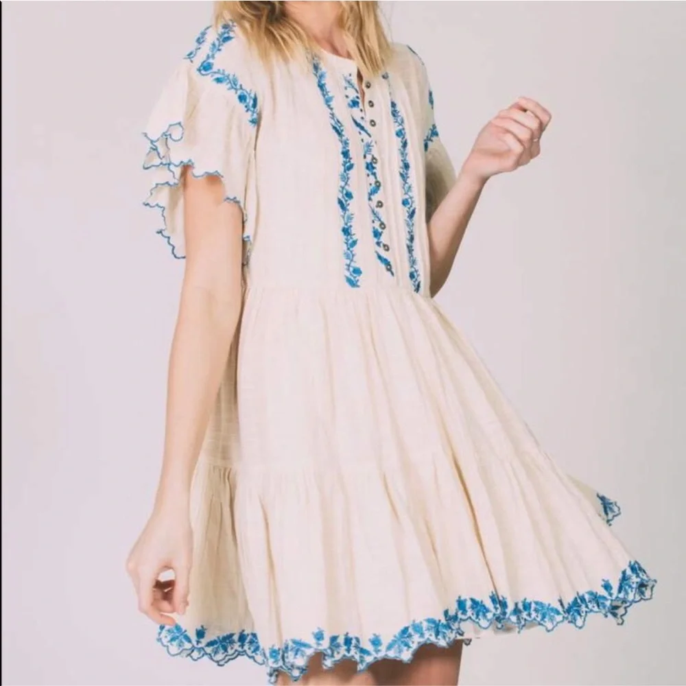 NWT FREE PEOPLE SANTIAGO EMBROIDERED MINI DRESS TUNIC Boho Cottagecore Romantic - Picture 1 of 7